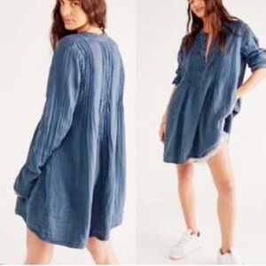 We The Free People Yoko Pintuck Cotton Tunic Mini Dress Blue Medium